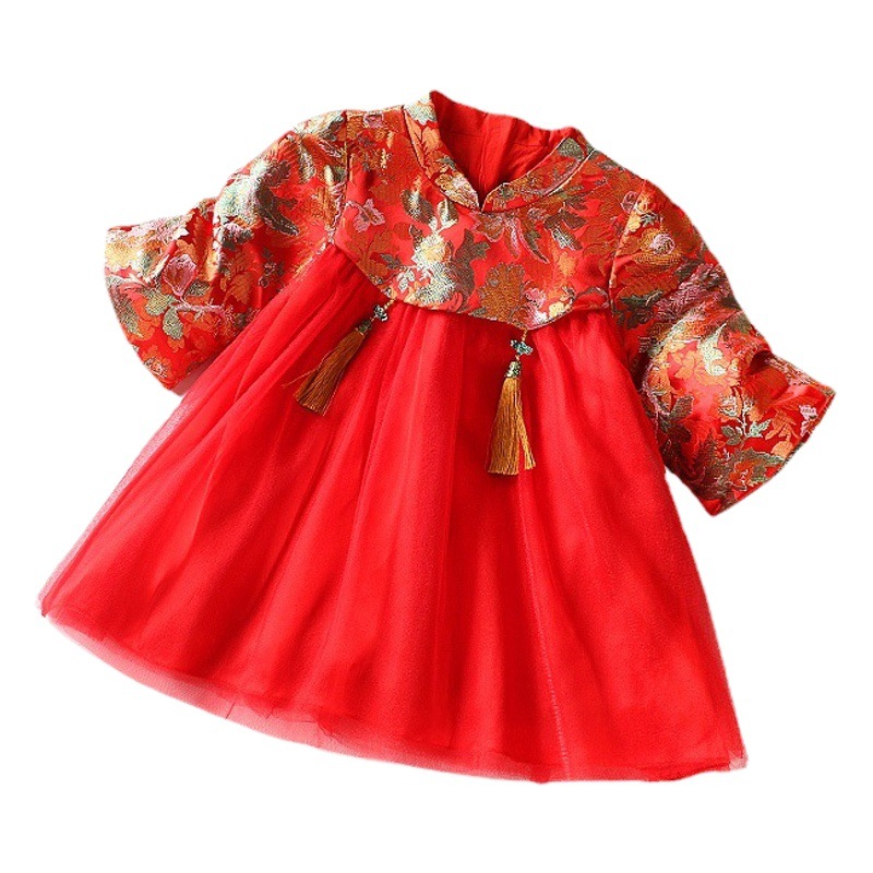 Bar slap spring and autumn and winter clothes one-year-old baby girl dress Chinese style Hanfu cheongsam dress new year 8536