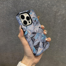 渐变蓝色格子苹果16E菲林壳双层防摔17ProMax手机保护套磨砂12Pro