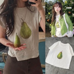 韓国 2025 夏の新スタイル Fletta 女性の Tシャツラウンドネック甘い小さな新緑梨プリント半袖 Tシャツトップス女性