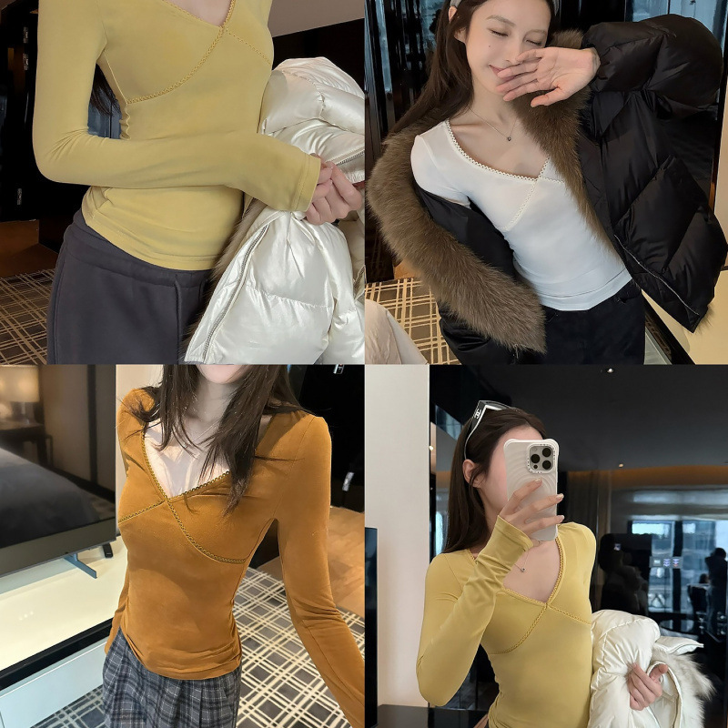 In-Stock Rayon Brushed Lace Trim V-Neck Regular Shoulder Long-Sleeve T-Shirt for Women Korean Style Slim Fit Base Shirt