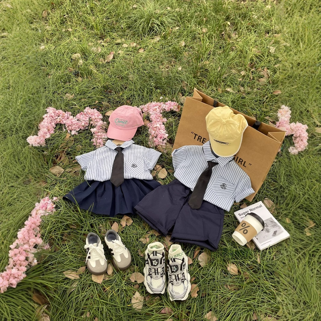Children's Suit 2025 Summer New Style Brother and Sister Preppy Style Short-Sleeved Shirt Fashionable Kidsren's Summer Three-Piece Performance Suit