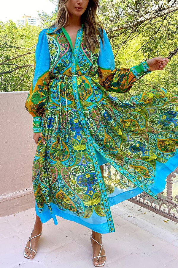 Midi Dress Dress Length Type Wholesale Women's Vacation Printing Plant Holiday Beach Shirt Collar Long Sleeve Regular Dress