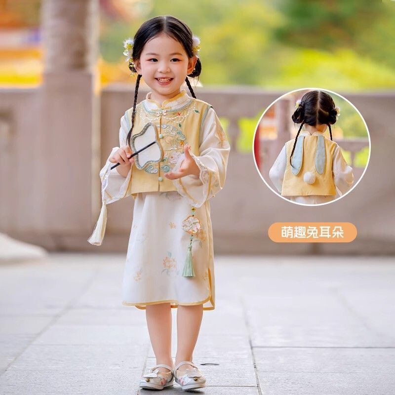 汉服女童秋装宝宝中国风玉兔马甲旗袍连衣裙女孩古装儿童中秋唐装|undefined