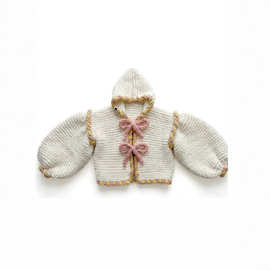 现货 跨境新款欧美外贸纯手工棒针条纹蝴蝶结毛衣外套女sweater