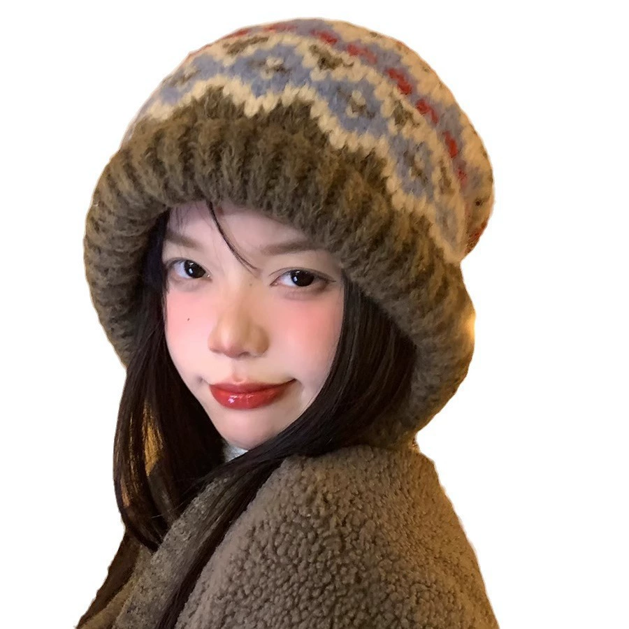 Knitted winter retro knitted hat, keep warm woolen bag