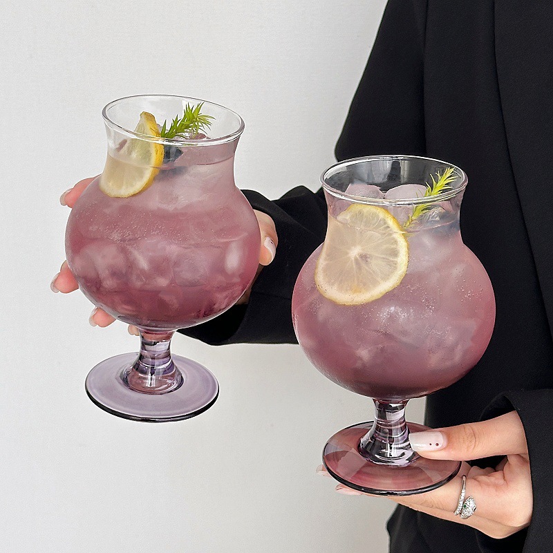 Ins vidrio de viento taza de pie alto encanto púrpura de alto valor facial taza de agua burbujeante taza de jugo taza de bebida fría taza de cóctel
