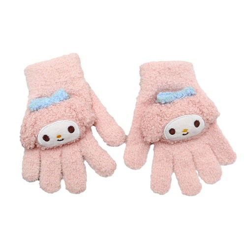 Melody Children's Cartoon Gloves, Warm and Cute Princess Fleece Warm and Cold Five-Finger Glove, Thickened for Girls in Winter