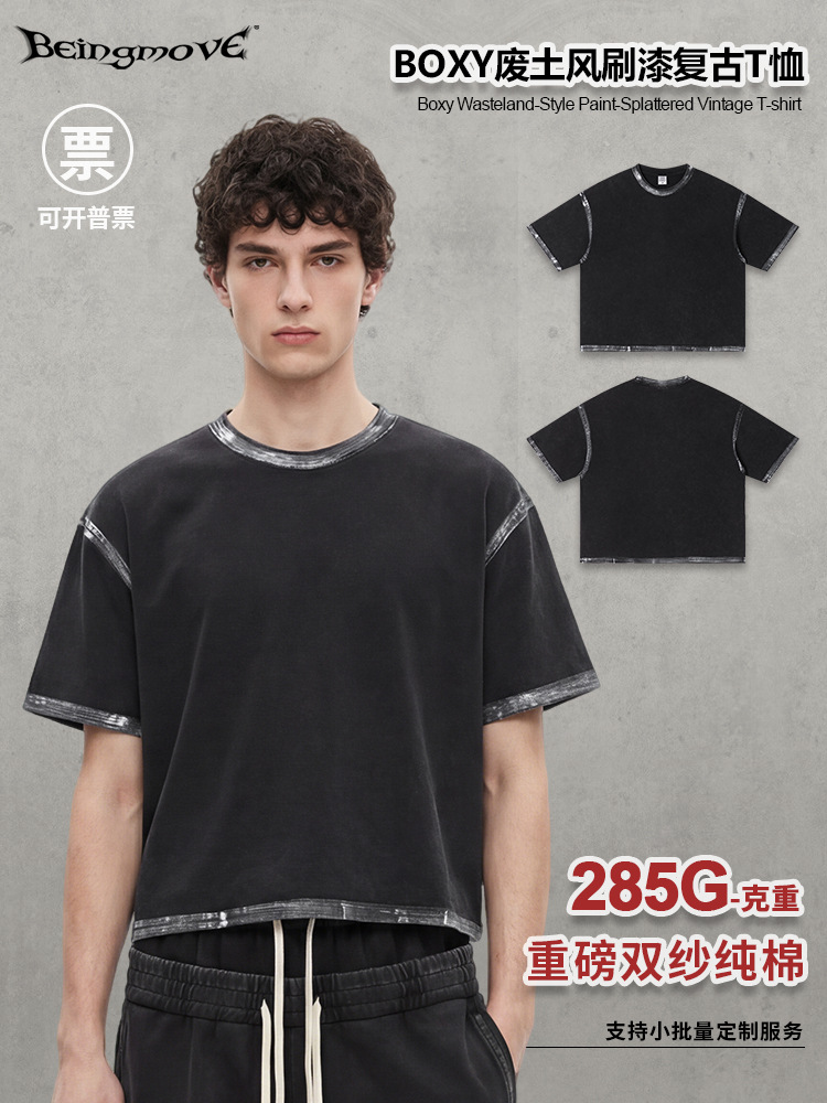 Calle secada| Marca de moda americana retro hecho viejo viento de basura Boxy pintado camiseta de manga corta casual blusa suelta hombre