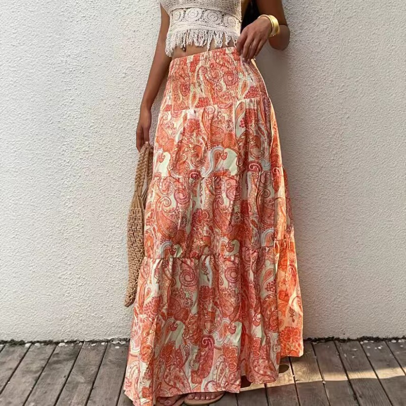 European and American cross-border Amazon Bohemian print high-waisted long skirt, holiday style A-line flowing layered skirt European and American cross-border Amazon Bohemian print high-waisted long skirt, holiday style A-line flowing layered skirt
