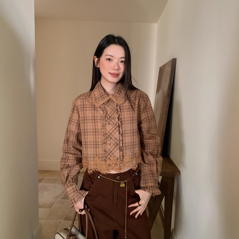 Interpreting Beauty Newopen 25 Autumn Melard Vintage Coffee Color Lapel Double-Breasted Plaid Shirt for Women F6573