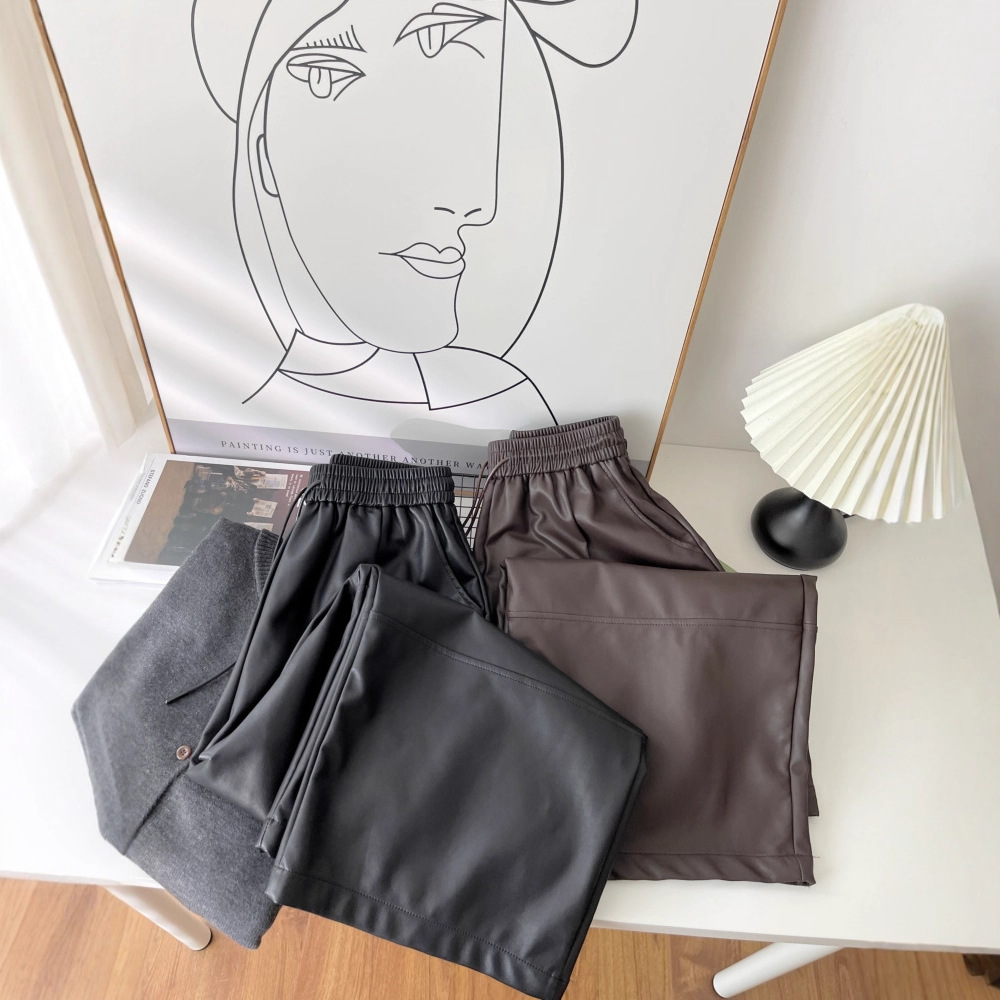 2025秋季新款韩版松紧腰休闲皮裤女宽松显瘦洋气直筒阔腿裤子6300