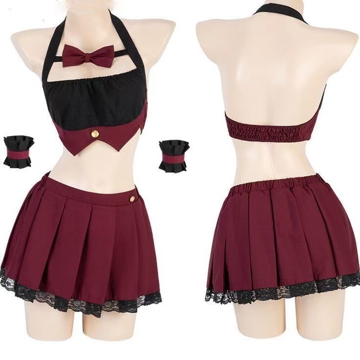 Halter Neck JK Uniform Lingerie Set with Pleated Skirt, Stockings and Ear Accessory — detail image 6
