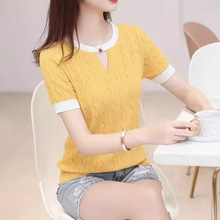 韩版镂空冰丝短袖女t恤时尚休闲圆领+水滴设计感洋气针织上衣