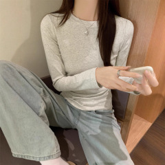 奶白灰简约基础正肩纯棉打底衫T恤女秋冬显瘦遮肉长袖内搭小上衣