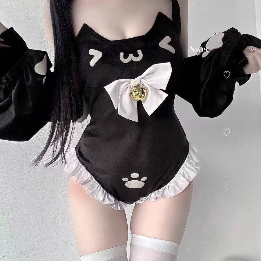 Cat Maid Roleplay Lingerie Jumpsuit, Halter Neck Velvet-look Nylon, One Size Black — detail image 1