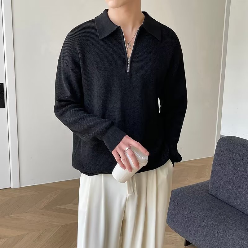 Demi-season knitted Japanese trend base sweater with zipper
