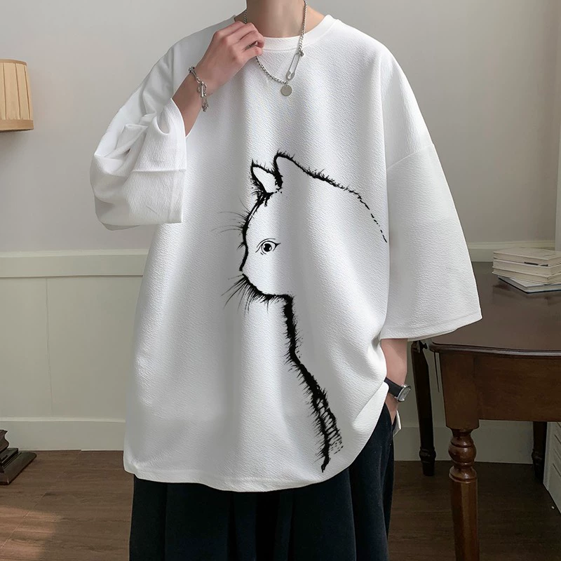 Футболка с короткими рукавами с кошачьим принтом мужской гонконгский стиль летом