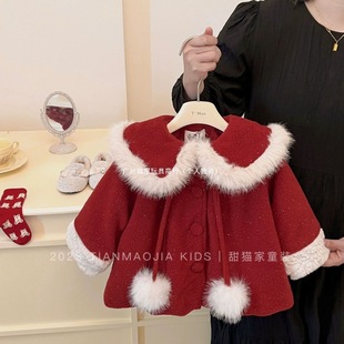 Girls' Woolen Coat Winter Korean Style 2023 Western Style Explosions Red Children's Baby Coat Thickened New Year Cotton Clothes Trendy