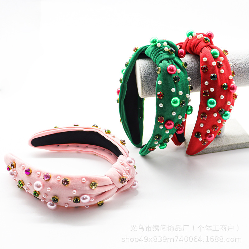 欧米の国境を越えたクリスマスのカチューシャの広い縁に真珠のカチューシャの女性の高い頭の上のサンタクロースの髪の卸売りを入れます。|undefined
