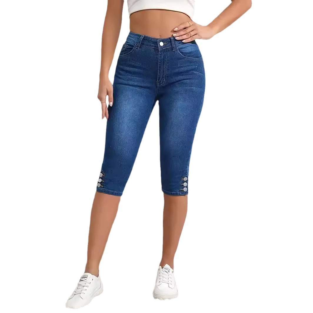 Summer Women's plus size Jeans Buckle Design Solid Color Stretch Street Fashion High Waist Casual Tight Pants