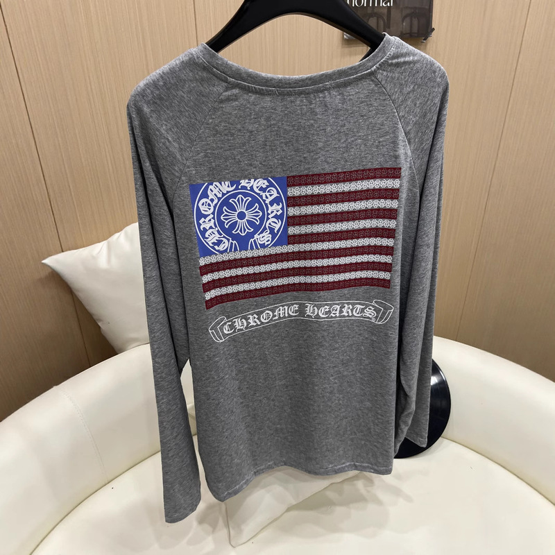 25ss 新しい ch クロウ国章日焼け止め夏薄いわずかに透けるグレーバックプリント V ネック長袖 T シャツ|undefined