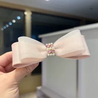 羽晞网纱缎面拼色蝴蝶结发夹高级感时尚水钻精致珍珠后脑勺弹簧夹