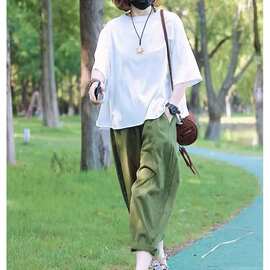 夏季时尚休闲套装女韩版宽松哈伦老爹裤百搭纯白色T恤薄款两件套