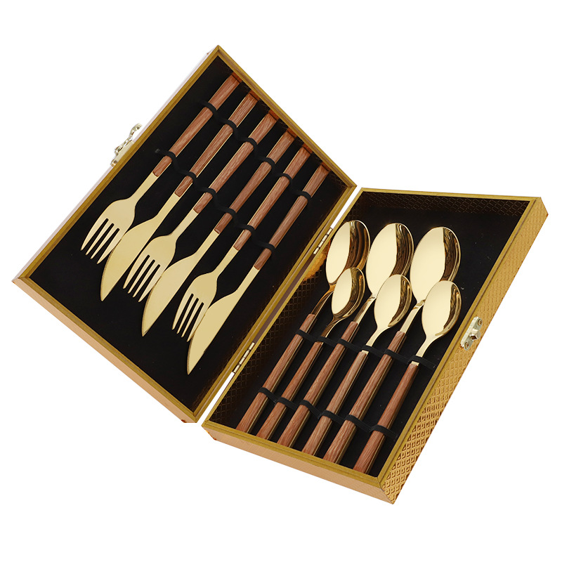 Mango de clip de grano de madera Cuchillo, tenedor y cuchara de acero inoxidable de estilo japonés Traje de vajilla occidental Cuchillo de carne de 16 piezas, tenedor y cuchara Juego de vajilla de 12 piezas