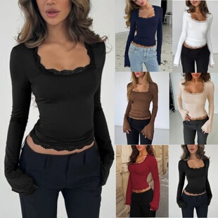 2026 Cross-Border Autumn and Winter New European and American Fashion Sexy Ribbed Lace Long-Sleeved Tops U-Neck Pure Color Women's Clothing