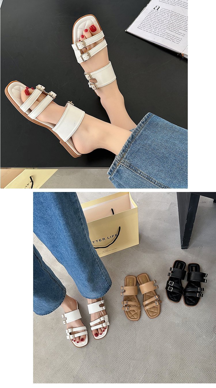 2023 neue bequeme flache Hausschuhe, Sommer-Strandschuhe für Damen im Freien, Doppelschnalle, stilvolle Einriemen-Lazy-Sandalen_voghion.com