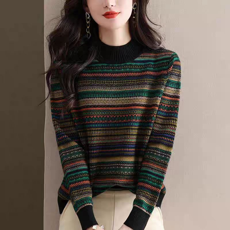 羊绒毛衣女25秋冬新款半高领条纹打底衫加厚针织内搭拼色上衣宽松