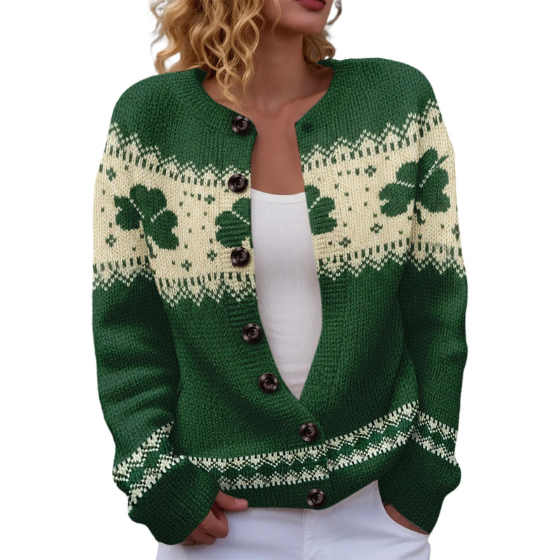 St. Patrick's Day Clover Knit Cardigan for Women, Green and White Color-Blocking Fair Isle Jacquard Loose Sweater Wholesale St. Patrick's Day Clover Knit Cardigan for Women, Green and White Color-Blocking Fair Isle Jacquard Loose Sweater Wholesale