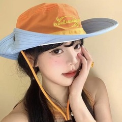 夏季新款户外速干登山帽女抽绳防晒渔夫帽牛仔帽子显脸小刺绣盆帽