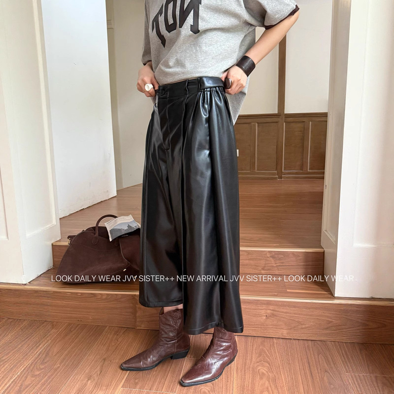JVV十三行2025秋季新款高级感显瘦直筒九分裤百搭PU皮裤女潮71216|undefined