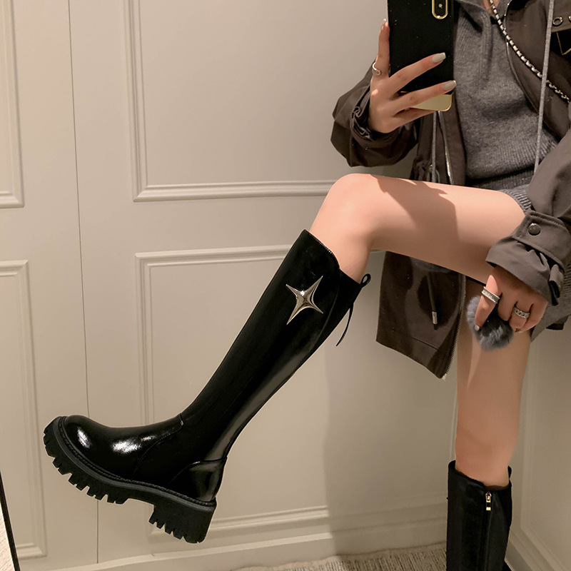 Leather black brown high boots platform