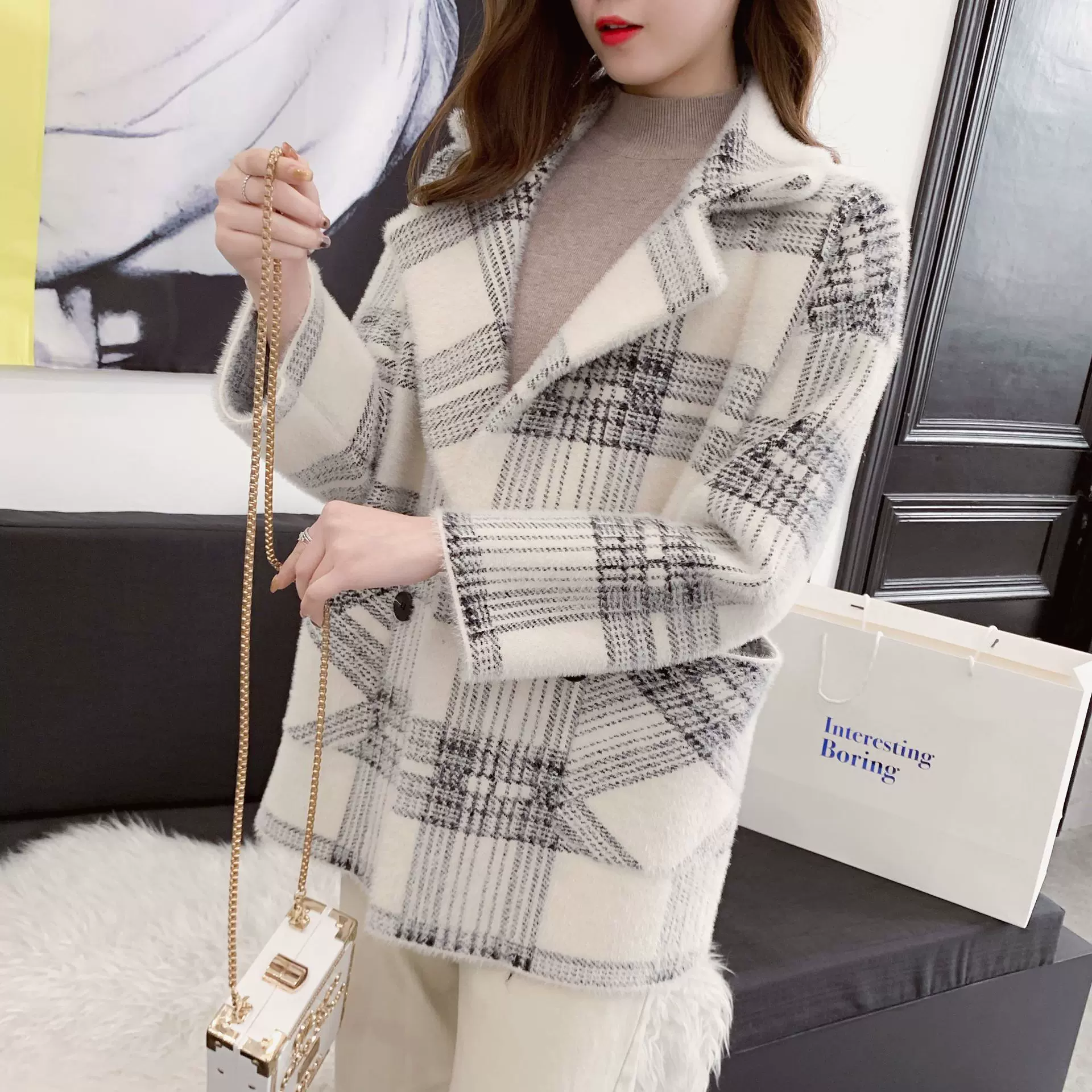 水貂绒外套女毛衣开衫中长款2025新款秋冬加厚宽松仿貂毛格子大衣