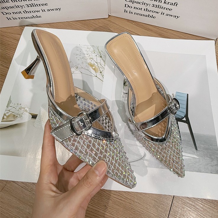 2026 nuevo verano de malla de diamante mitad zapatillas zapatillas de tacón frío zapatillas de tacón alto mujer ropa exterior de moda tacones delgados punta image 3