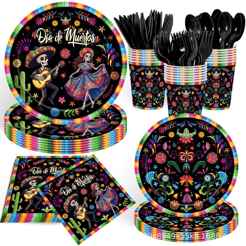 New Day of the Dead Colorful Skull Disposable Tableware Mexican Culture Cactus Party Table Decoration Set