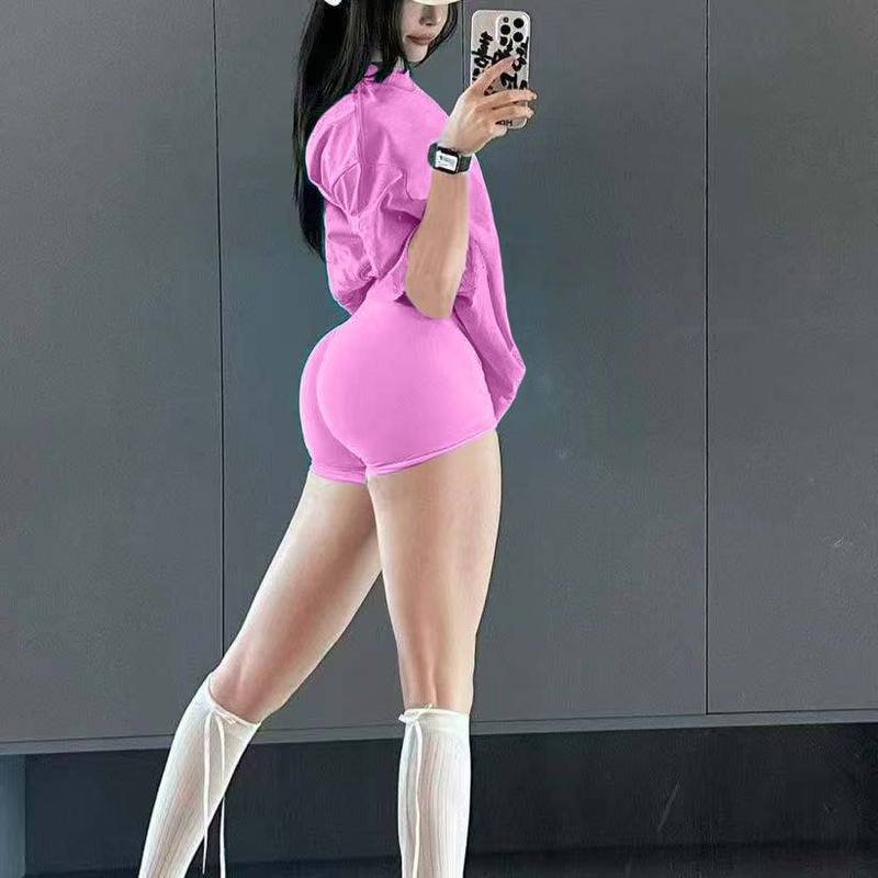 3点ミッドウエストヒップシームレスニットヨガピーチパンツショーツレディースサマースポーツフィットネスパンツランニングホットパンツホットガール|undefined