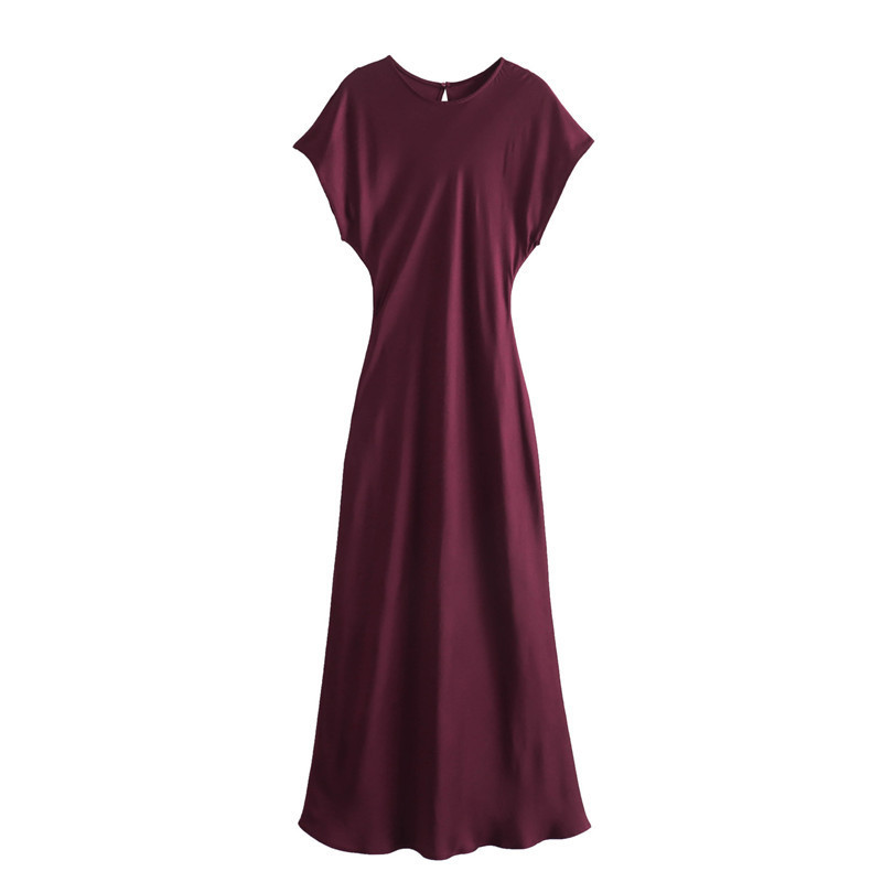Foreign Trade Wholesale 2025 Spring and Summer New European and American Style Round Neck Waist-Cinching A-Line Silk Satin Texture Long Dress for Women Foreign Trade Wholesale 2025 Spring and Summer New European and American Style Round Neck Waist-Cinching A-Line Silk Satin Texture Long Dress for Women