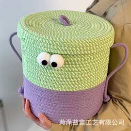 跨境卡通收纳篮棉绳编织零食玩具储物筐带盖桌面装饰整理篮脏衣篓