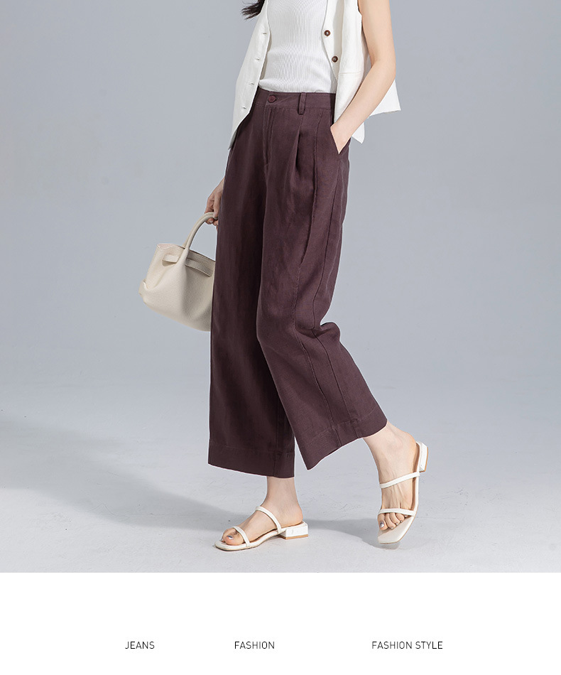 Quần ống rộng nữ cạp cao suông rộng dáng 9 phần vải linen lyocell — màu xanh hải quân chi tiết 27