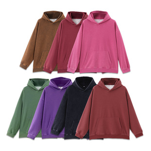400g 100% cotton washed retro loose off-shoulder cotton hooded sweater black color light version blank version