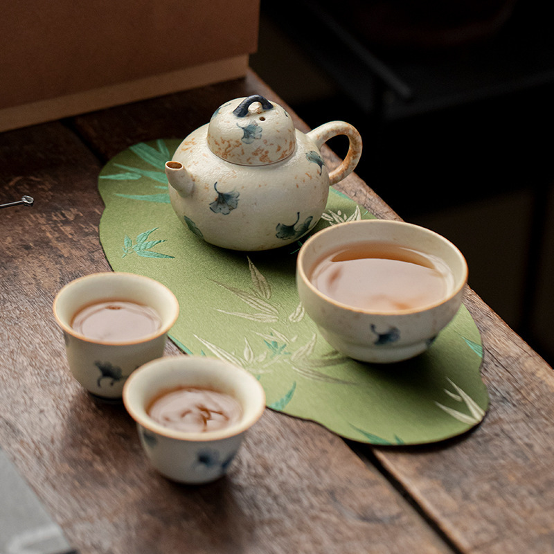 弥言复古青花一壶三杯茶具套装手绘银杏叶茶壶茶杯高档礼盒伴手礼|undefined