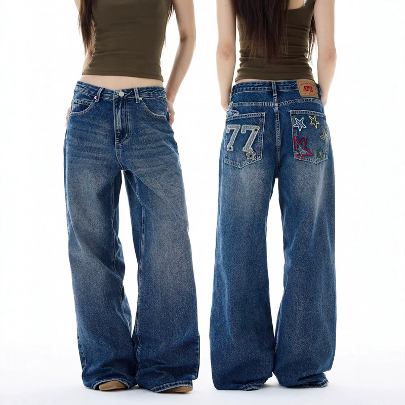 Embroidered Wide-Leg Washed Denim Pants 2026 High Street Design Loose Versatile Spring and Autumn Slimming Straight-Leg Floor-Length Pants Embroidered Wide-Leg Washed Denim Pants 2026 High Street Design Loose Versatile Spring and Autumn Slimming Straight-Leg Floor-Length Pants