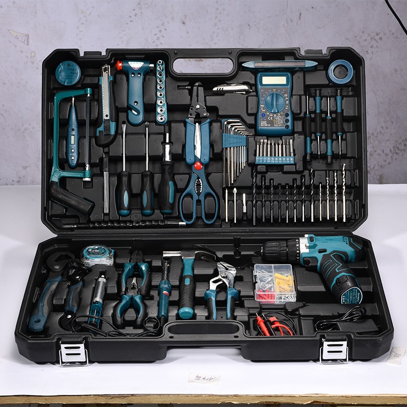 Caja de herramientas personalizada, conjunto de perforación eléctrica multifuncional, conjunto completo de herramientas de hardware doméstico, caja de almacenamiento completa