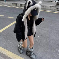 黑色甜酷猫耳朵座山雕外套女2025秋冬新款夹棉加厚连帽设计感棉衣