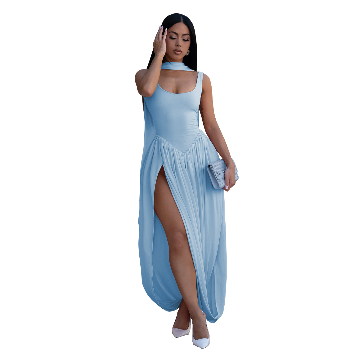 C7659 Aliexpress transfronterizo Amazon Europa y América de moda femenina sexy color sólido vestido de banda bifurcada