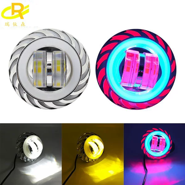 Motorcycle Led Dual-Lens Spotlight Modified Lamp Ghost Fire Super Bright Flash Car Lamp Colorful Devil Headlight