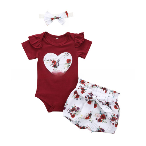 Amazon Summer Pure Cotton Jujube Red Embroidered Heart Short Sleeve Flared Dress with Floral Waistband and Small Shorts with Knot Belt